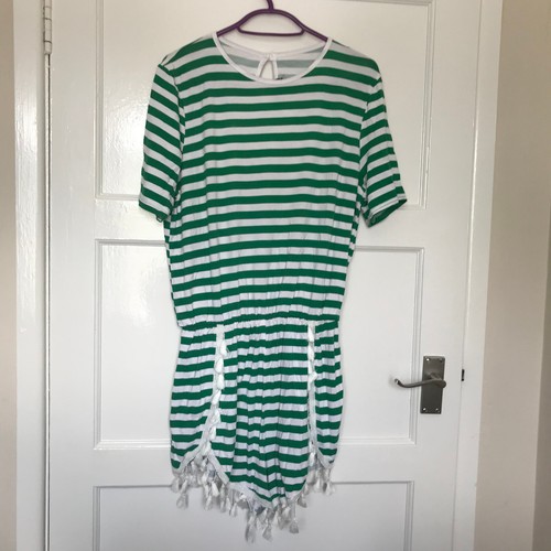 Missguided Green Stripe Playsuit UK Size 12 White Round Neck Keyhole Back Tassle