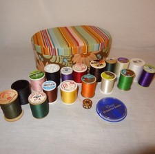 Sewing Box Mixed Lot 17 Thread Spools Different Colors Needles Bobbin