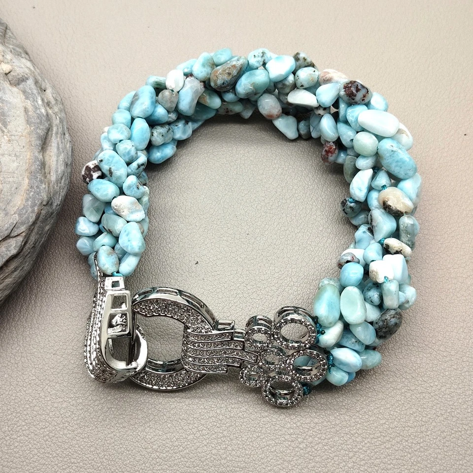 Pulsera de cuentas hecha a mano con piedras preciosas Larimar azul natural Foto 4 de 4