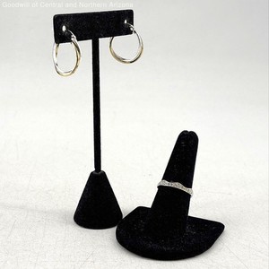 925 Sterling Silver Size 7.25 Glass Ring & 0.5" Two-Tone Hoop Earrings 4.9g