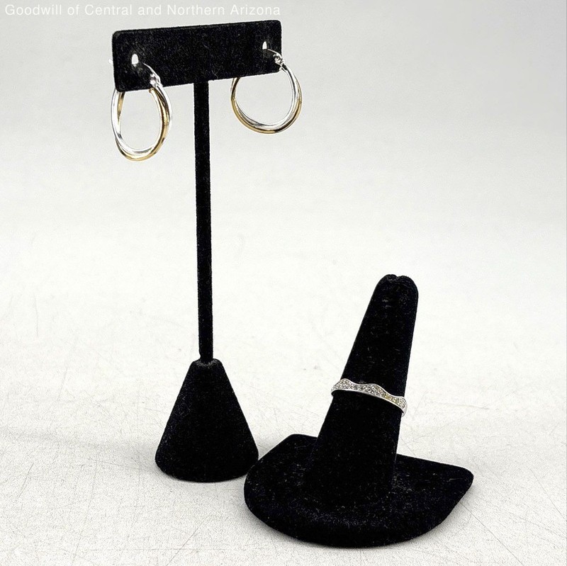 925 Sterling Silver Size 7.25 Glass Ring & 0.5" Two-Tone Hoop Earrings 4.9g