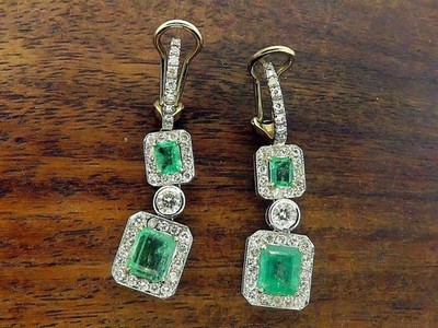 3 Ct Emerald Cut Simulated Green Emerald Drop Earrings In 14k Yellow Gold Plated