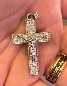 Silver Plated Metal with Cubic Zirconia Christian Crucifix Pendant Jesus Cross