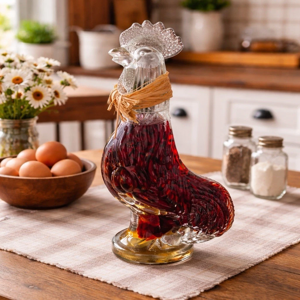 Vtg Art for the Table Rooster Oil Bottle 13” Glass Chicken Decanter Peppers NWOT