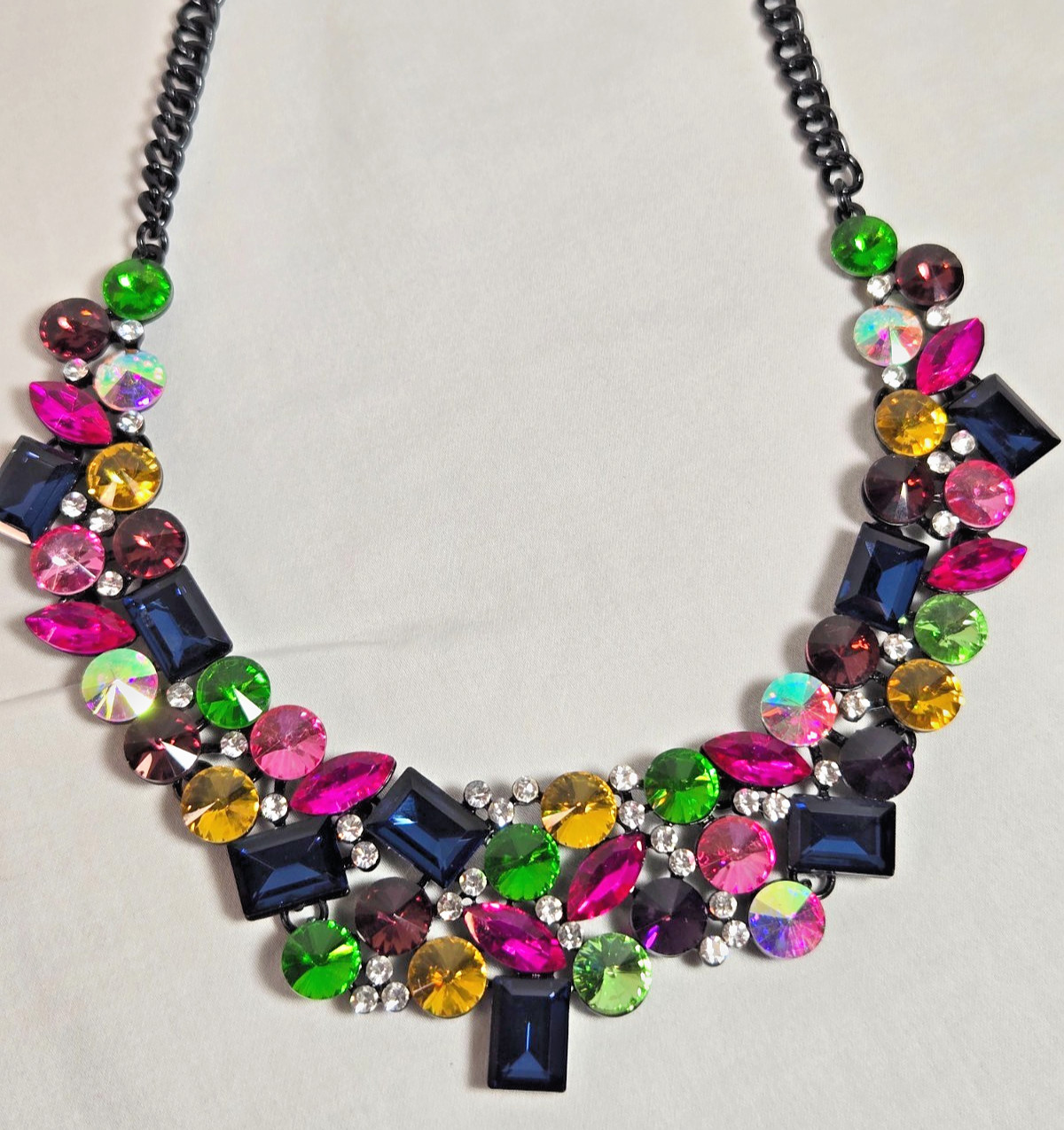 Multicolor Rhinestone Statement Bib Necklace Gunm… - image 1