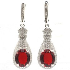 Elegant Red Blood Ruby White CZ For Woman's Engagement Silver Earrings