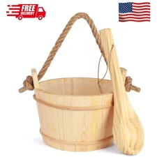 6L-1.6Gal Pine Wood Sauna Bucket and Ladle Set, Complete Handmade Wooden