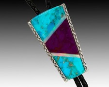 Handcrafted Modern Inlay Bolo Tie with Kingman Turquoise Sugilite & Aurora Opal