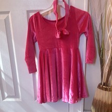 Girls Pink Velvet Fit  Flare Long Sleeve Knee Length Party Dress with Bow