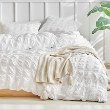 WARMDERN Seersucker Duvet Cover Set King Size, Grid Pattern Textured White Du...