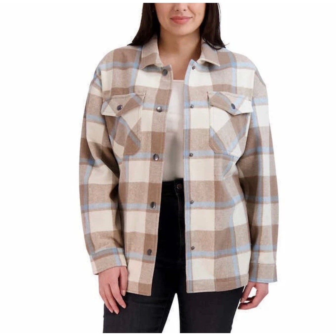 HFX Womens Plaid Flannel Shirt Jacket Shacket Size Large Cream Tan