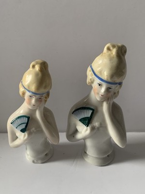 2 Antique German Porcelain Half Doll Lady Figurines