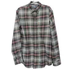 IZOD Men  s Medium Gray Red Plaid Button Down Shirt Flannel Long Sleeve Casual