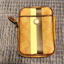 Coach Women s Signature Logo Stripe Zip-Around Wallet, Brown Tan Cream Black