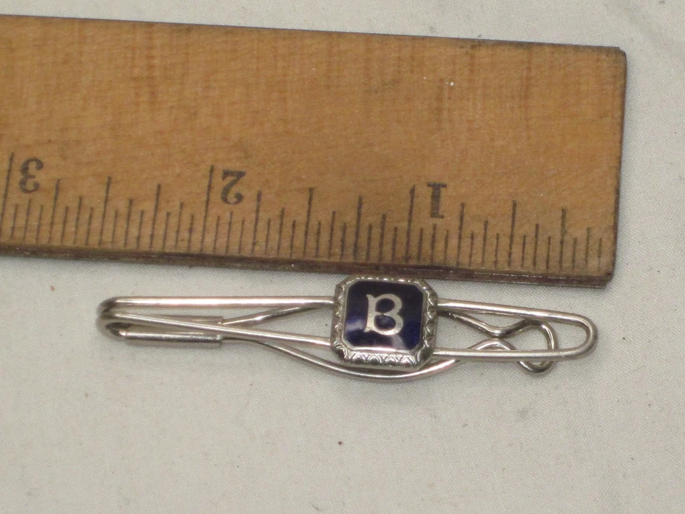 Clip de broche de barra de corbata vintage metal azul esmalte detallado letra B Foto 2 de 4