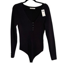 Abercrombie Fitch Black Ribbed Henley V-Neck Long Sleeve Bodysuit Large NWT
