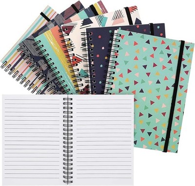 6 Pack 5x7 Spiral Notebooks with Pocket - Small Lined Journals with Elastic C