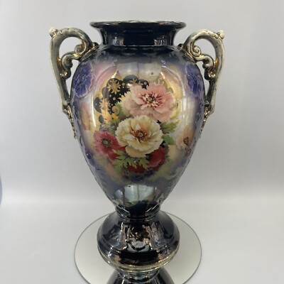 Antique Warwick England Art Pottery Cobalt Blue Floral 13” Large