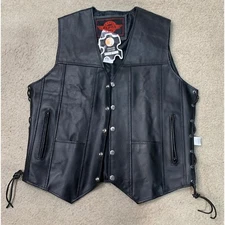 NEW Alpha Cycle Gear Black Leather Laced Motorcycle Vest Sz Small Button up