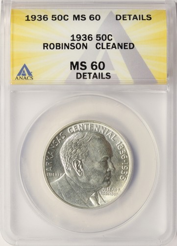1936 Robinson Commemorative Silver Half Dollar 50c ANACS MS60 Details Cleaned - Picture 1 of 4