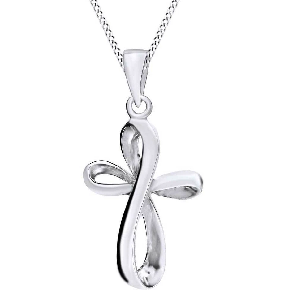 Modern Infinity Loop Cross Pendant Necklace 14K White Gold Plated Silver - Image 2 of 4