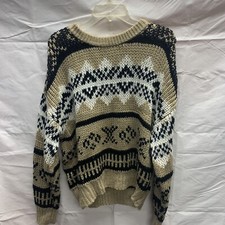 Vintage Le Tigre 100 Acrylic Mens Size S Tan/Blck/Wht Abstract Crew Sweater