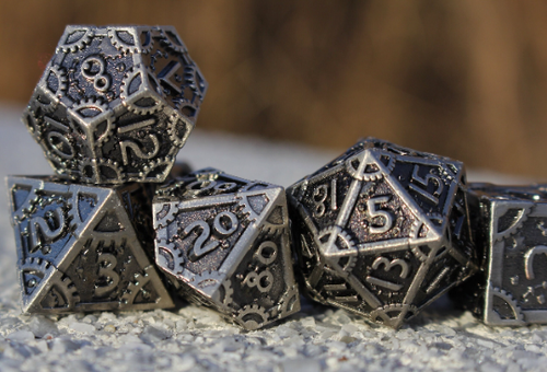 Dragon's Steampunk Silver - 7 Piece Metal Polyhedral Tabletop RPG DND Dice Set - Picture 3 of 9