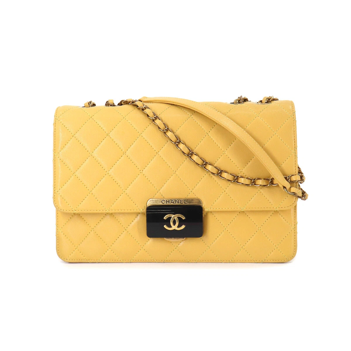 CHANEL Matelasse Chain Shoulder Bag Leather Yellow Purse 90180022 