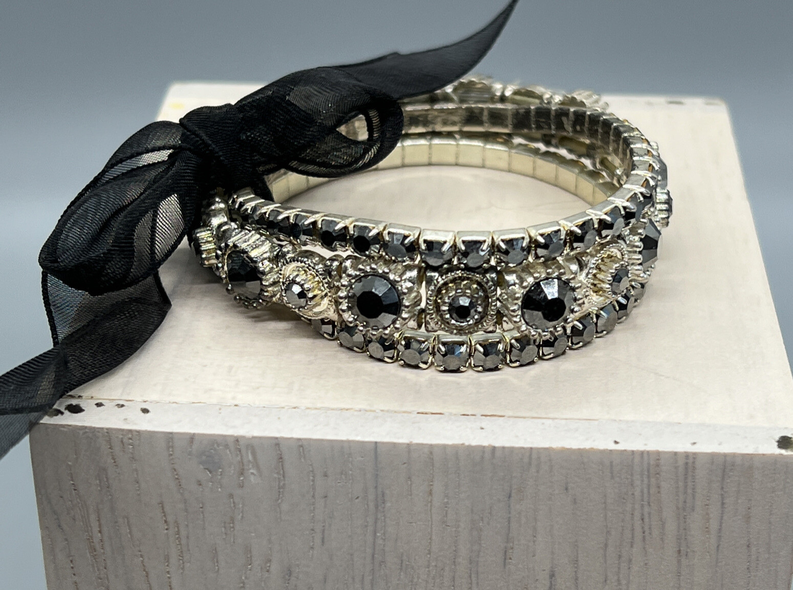 Silver Tone Black Rhinestone & Ribbon Bracelet - View Photos-image