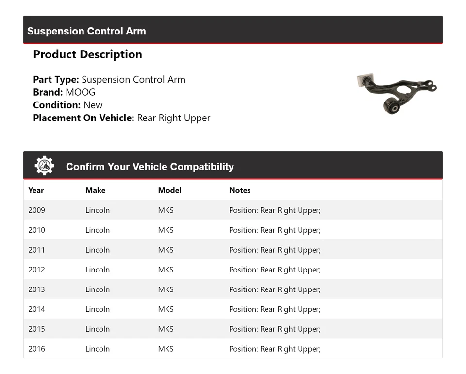Brazo de control de suspensión trasero derecho superior MOOG 2009-2016 Lincoln MKS 2009 2010 Foto 2 de 4