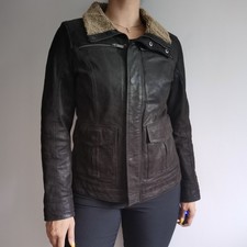 Barneys Ladies Leather Jacket Uk 14 Dark Brown Winter Coat Sherpa Collar Pockets