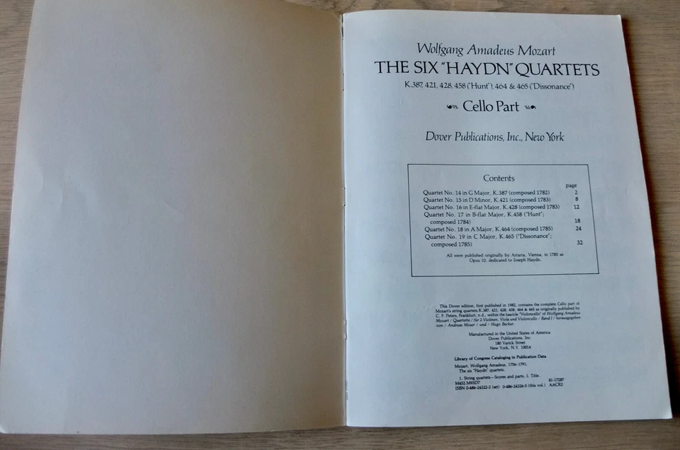MOZART THE SIX "HAYDN" QUARTETS CELLO PART SHEET MUSIC BOOK (1970's) USA - Image 2 of 4
