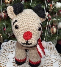 Hand crochet Brown Tones Reindeer Red Nose and Bell.