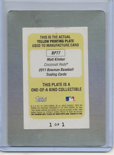 2011 Bowman Prospects Matt Klinker #BP77 - Yellow Printing Plate - #1 of 1 - Picture 2 of 2