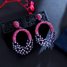 Chic Rose Red Long Dangle Round Earrings Black Gold Plated CZ Costume Jewelry