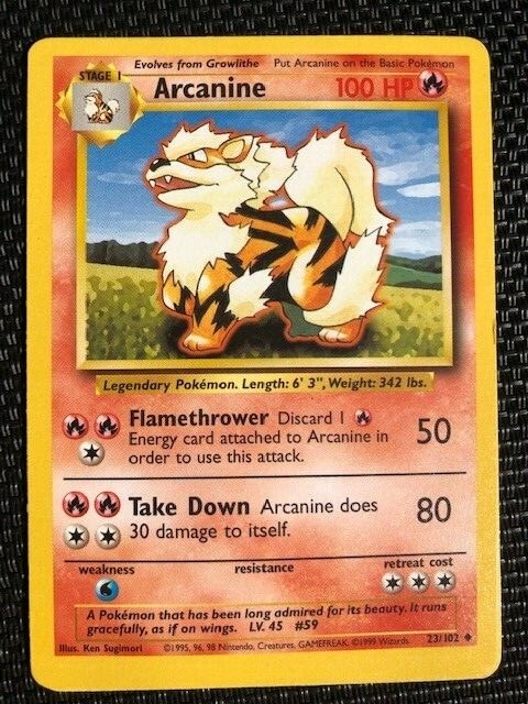 POKEMON BASE 1ST EDITION SHADOWLESS ARCANINE 23/102 excellent/mint condition