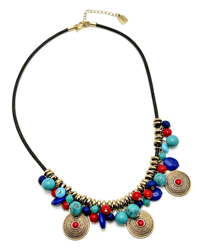 CHAPS Boho Bib Necklace Red Blue Beads Gold Tone Textured Dangles 18" - 20"
