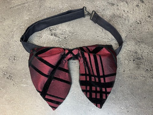Oversized Burgundy Black plaid Velvet Bow tie Vintage style 70`s Wedding Prom - Picture 4 of 4