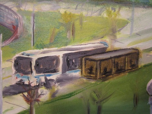 vintage original Armando Castaneda oil painting BUS STOP AT THE PARK 14x18 - Bild 3 von 6