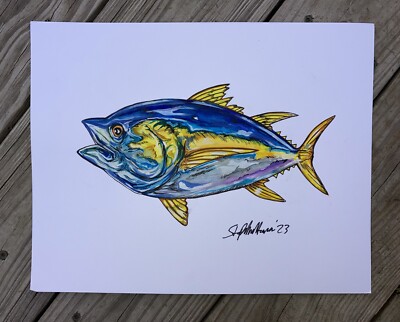Original Watercolor Yellowfin Tuna Painting 14x11