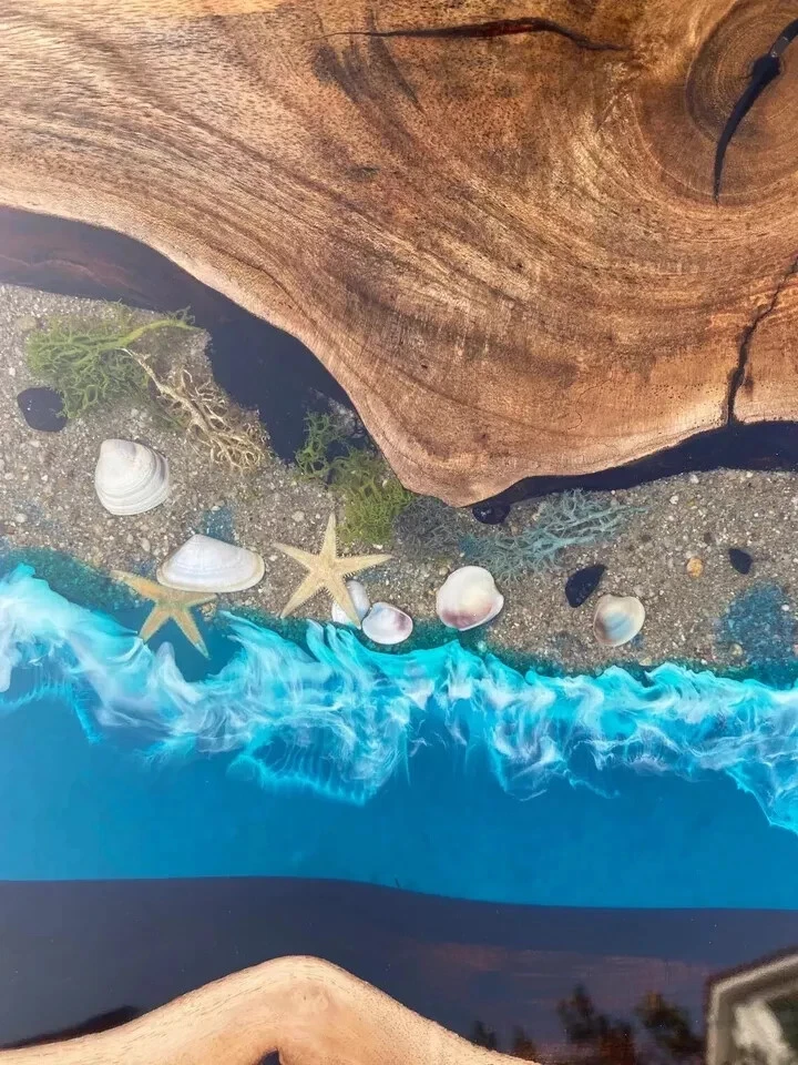 Epoxy Dining Table, Custom 30” x 12” Walnut Blue, Turquoise Epoxy Console Tables - Image 3 of 4