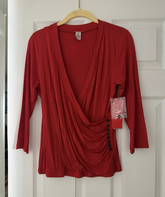 Anne Klein Women s Red Solid Knit Stretch Wrap V-Neck 3/4 Sleeve Blouse M