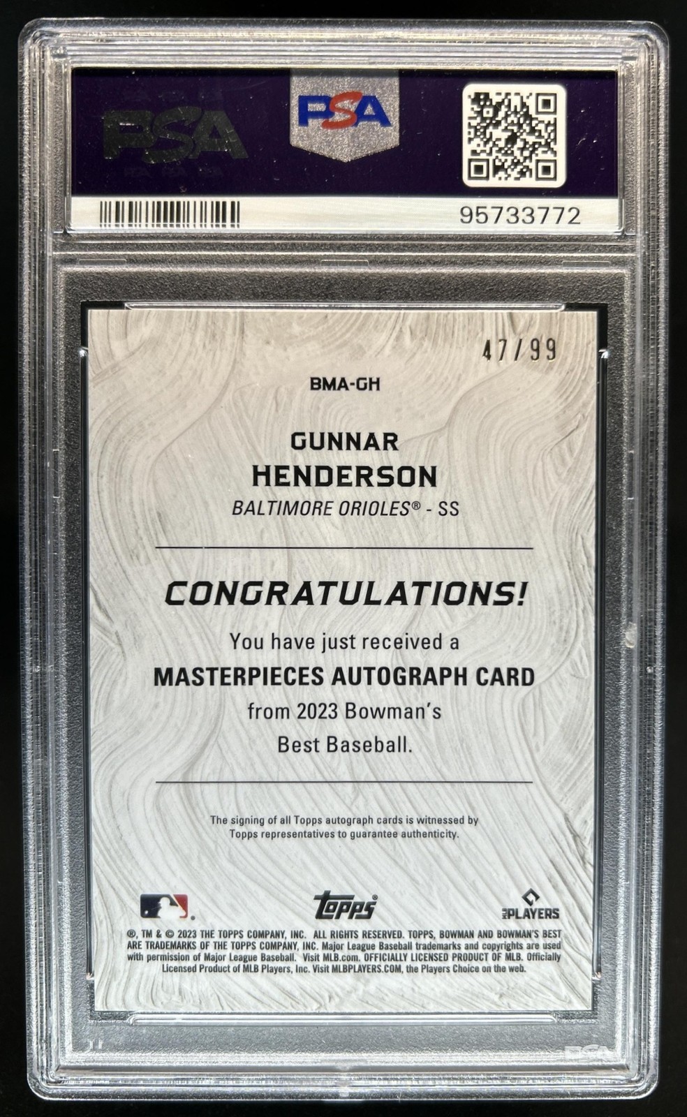 2023 Bowman's Best Gunnar Henderson Masterpieces Auto RC #/99 Orioles PSA 10 view 2
