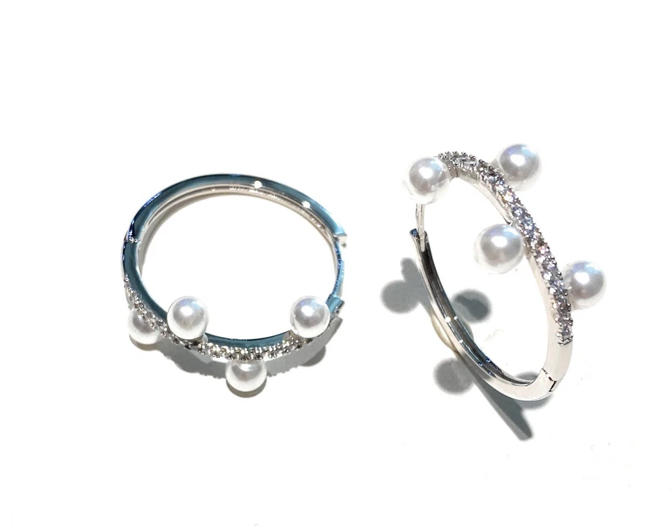 Orecchini Cerchietto Zirconi Argento 925 Rodio Perline Bianche - Immagine 3 di 3