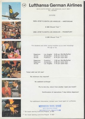 Lufthansa German Airlines Non-Stop LA-Amsterdam LA-Frankfurt timetable sheet