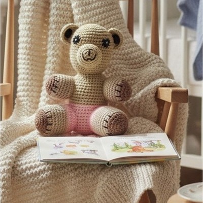 Handmade Knitted Teddy Bear Brown Pink 11.5'' Tall Stuffed Plush Toy