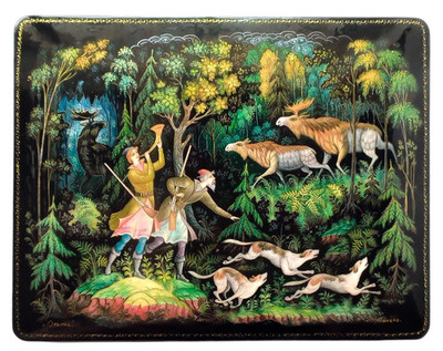 Hunting Russian Lacquer Box Fedoskino Keepsake Jewelry Trinket Box 4x6