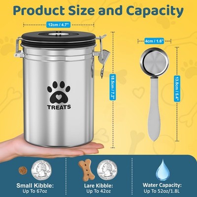 1.8L Stainless Steel Dog Cat Treat Container Airtight Jar Scoop