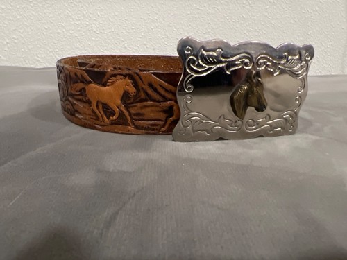 VTG Wrangler Leather Kids Belt Buckle Horses 22/55 Western Cowboy Tooled