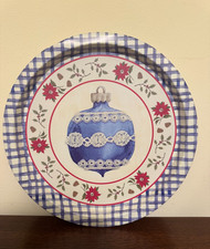 Vintage Christmas Tin Tray Blue Gingham Poinsettia Ornament Round Serving Tray